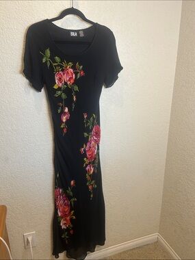 Bila Black Maxi Dress with Pink Rose Print
